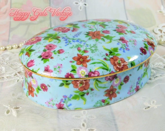 Ceramic Trinket Box With Blue & Pink Chintz Flower Design, Pretty Vintage Porcelain Trinket Box With Lid, Pretty Little Ceramic Jewelry Box