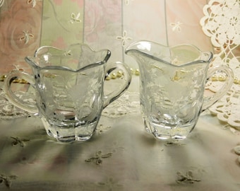 Small Cream & Sugar Set Etched Glass by American Fostoria, Little Fancy Vintage Clear Glass Creamer Pitcher and Sugar Bowl Etched Glass Set