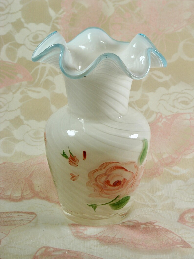 White Blown Glass Vase With Pink Roses Vase With Pink Roses Etsy