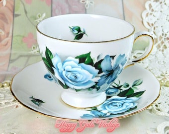 Blue Roses Teacup, Vintage Queen Anne Blue Rose Teacup & Matching Saucer, Vintage Porcelain White Teacup with Blue Roses, Gift for Tea Lover