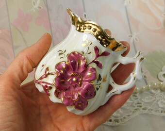 Antique Creamer and Sugar Blow Set With Pink Flowers and Gold Detailing Circa 1915, Fancy Antique Porcelain Cream and Sugar Bowl Set Gift