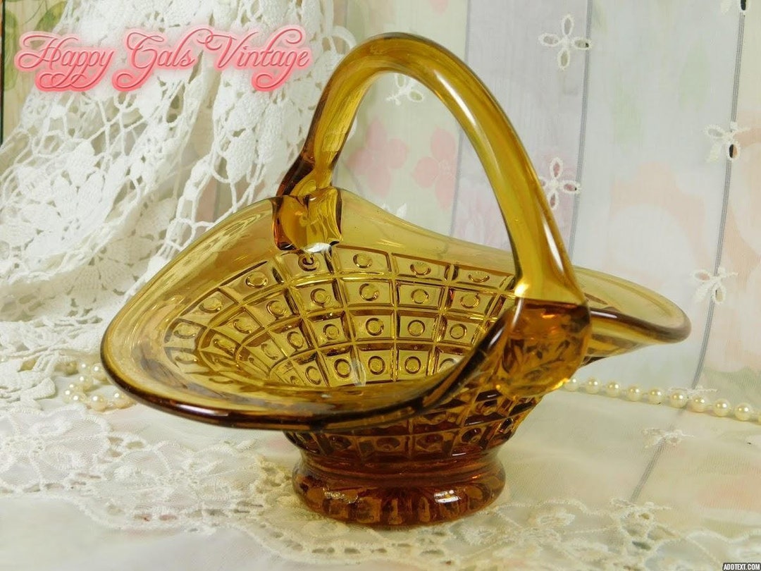 Vintage Glass Basket Amber Yellow Glass Basket Blown Glass Etsy