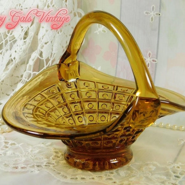 Vintage Glass Basket Amber Yellow Glass Basket, Blown Glass Basket in Amber Yellow, Beautiful Clear Glass Yellow Basket Collectible Gift