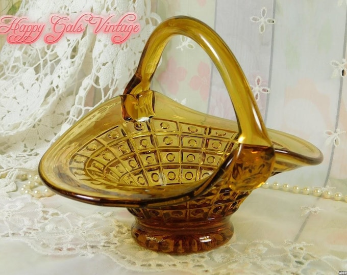 Vintage Glass Basket Amber Yellow Glass Basket, Blown Glass Basket in Amber Yellow, Beautiful Clear Glass Yellow Basket Collectible Gift
