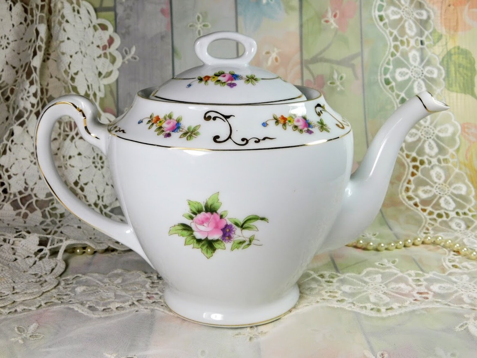 Noritake Teapot with Garden Flowers Design Vintage White Etsy