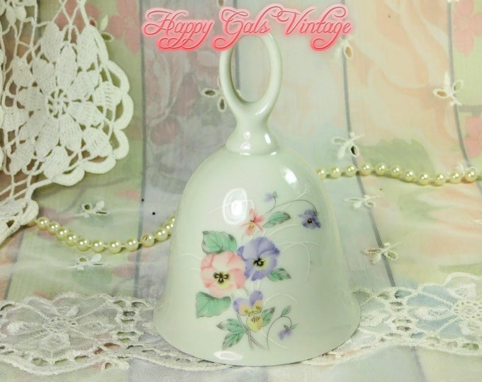 Porcelain Bell with Pansies Design by Russ, Vintage Ceramic Bell with Pink & Purple Flowers, White China Bell, Little Porcelain Bell Gift
