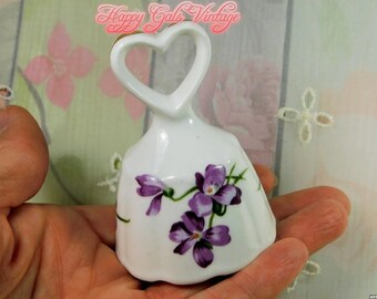 Little Fine Bone China Bell by Hammersley of England, Small Porcelain Bell with Purple Violets Design, Vintage Little White Purple Bell Gift
