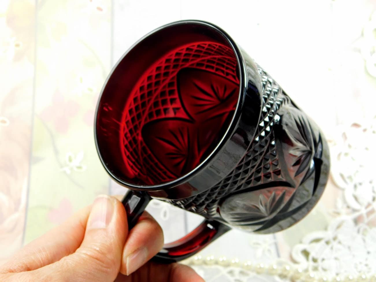 Ruby Red Glass Mug With Embossed Leaves Design, Fancy Deep Red Thick Glass  Mug With Diamond Cut Design and Raised Leaves Pattern, Mug Gift 