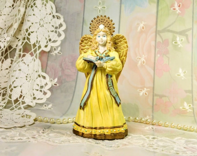 Small Angel in Yellow Figurine Sculpted Resin, Vintage Angel Holding Book, November Birthday Angel, Cute Little Yellow Angel Figurine Gift