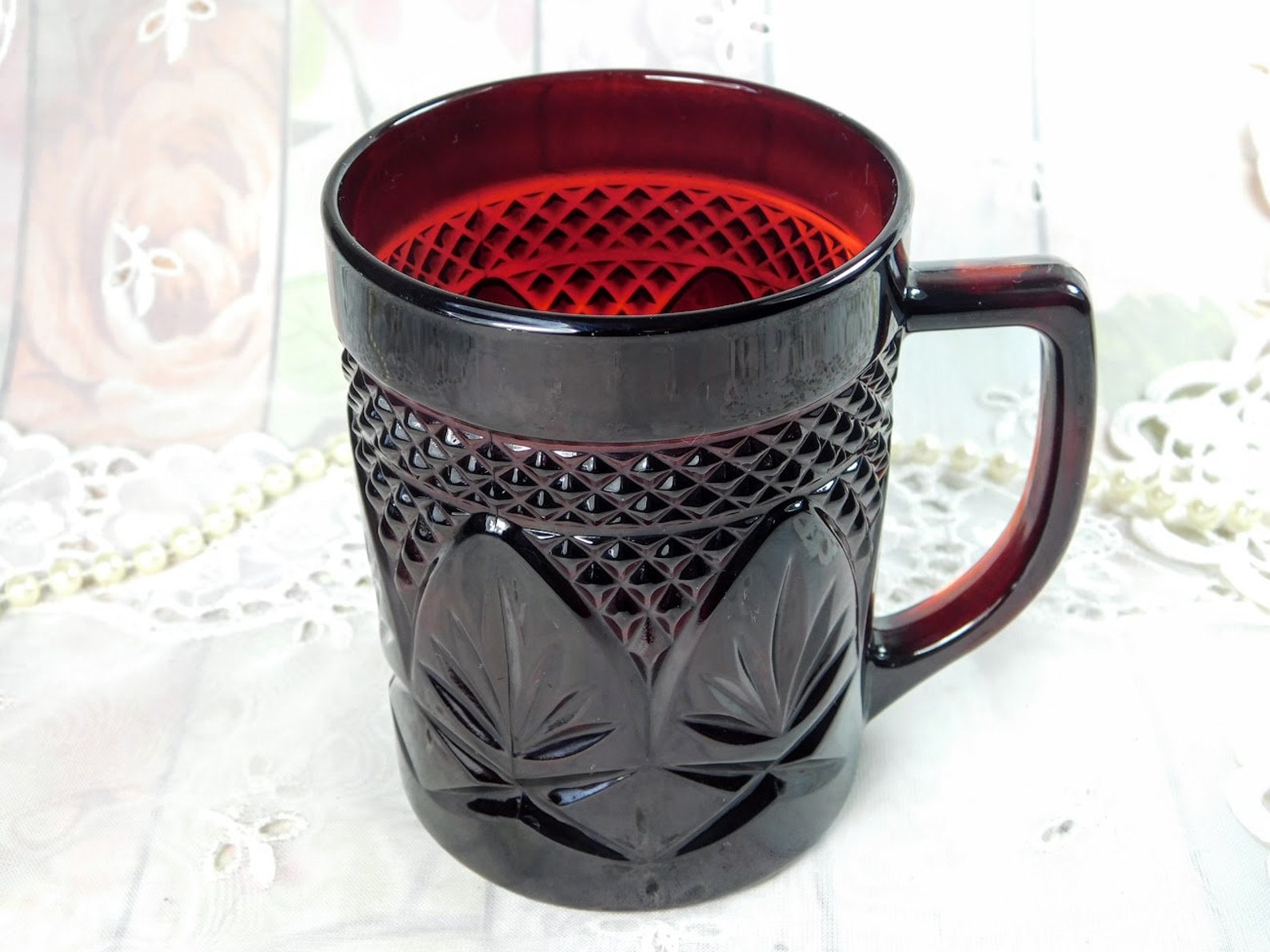 Ruby Red Glass Mug With Embossed Leaves Design Fancy Deep Red Etsy