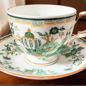 Green and Gold Japanese Style Teacup & Saucer By Crown Staffordshire of England, Vintage Fine Bone China Tea Cup with Flowers and Leaves