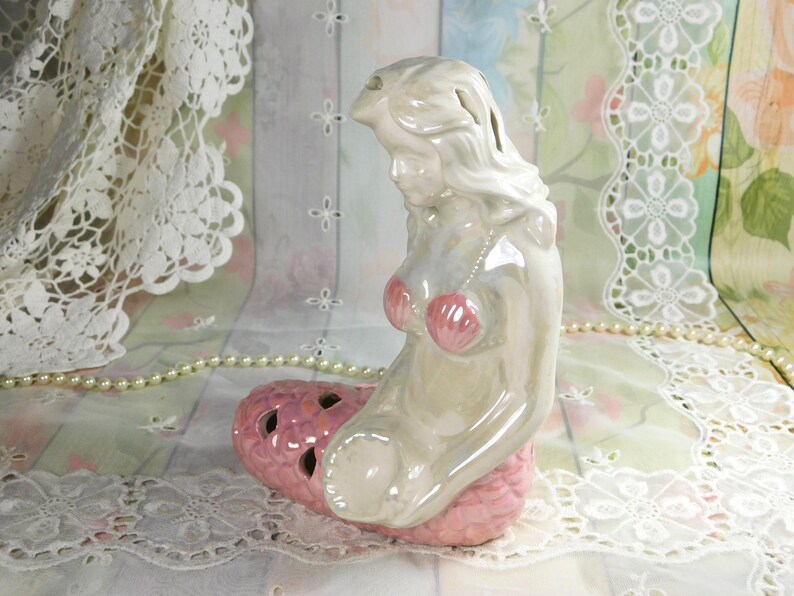 Ceramic Mermaid Figurine Gift Porcelain Mermaid Potpourri Holder Figurine Mermaid Potpourri Bags Holder Pink Lusterware Mermaid Figurine