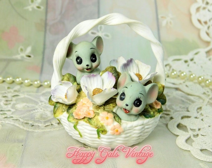 Mice in a Basket Figurine Sculpture by Georgian, Vintage Fine Bone China Basket With Little Mice and Flowers Collectible, Mouse Figurine