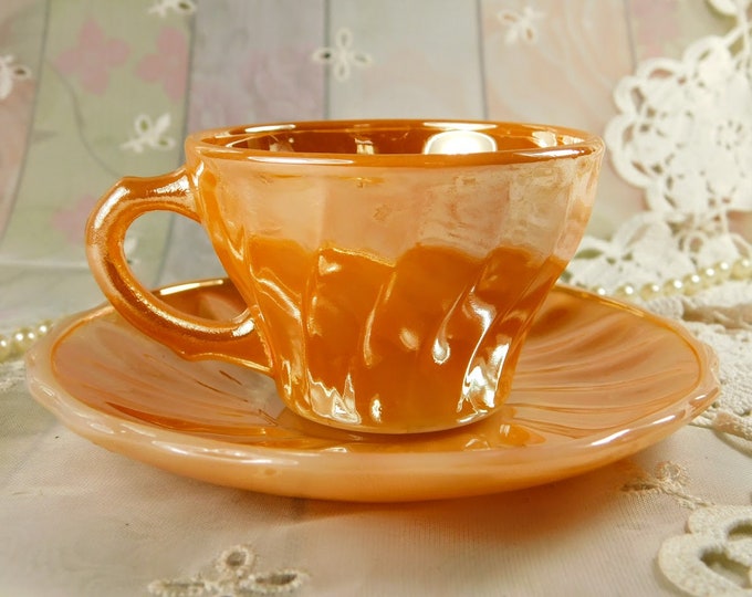 Orange Luster Ware Demitasse Cup and Saucer by Anchor Hocking USA, Vintage Fire King Luster Finish Small Glass Teacup and Saucer in Orange