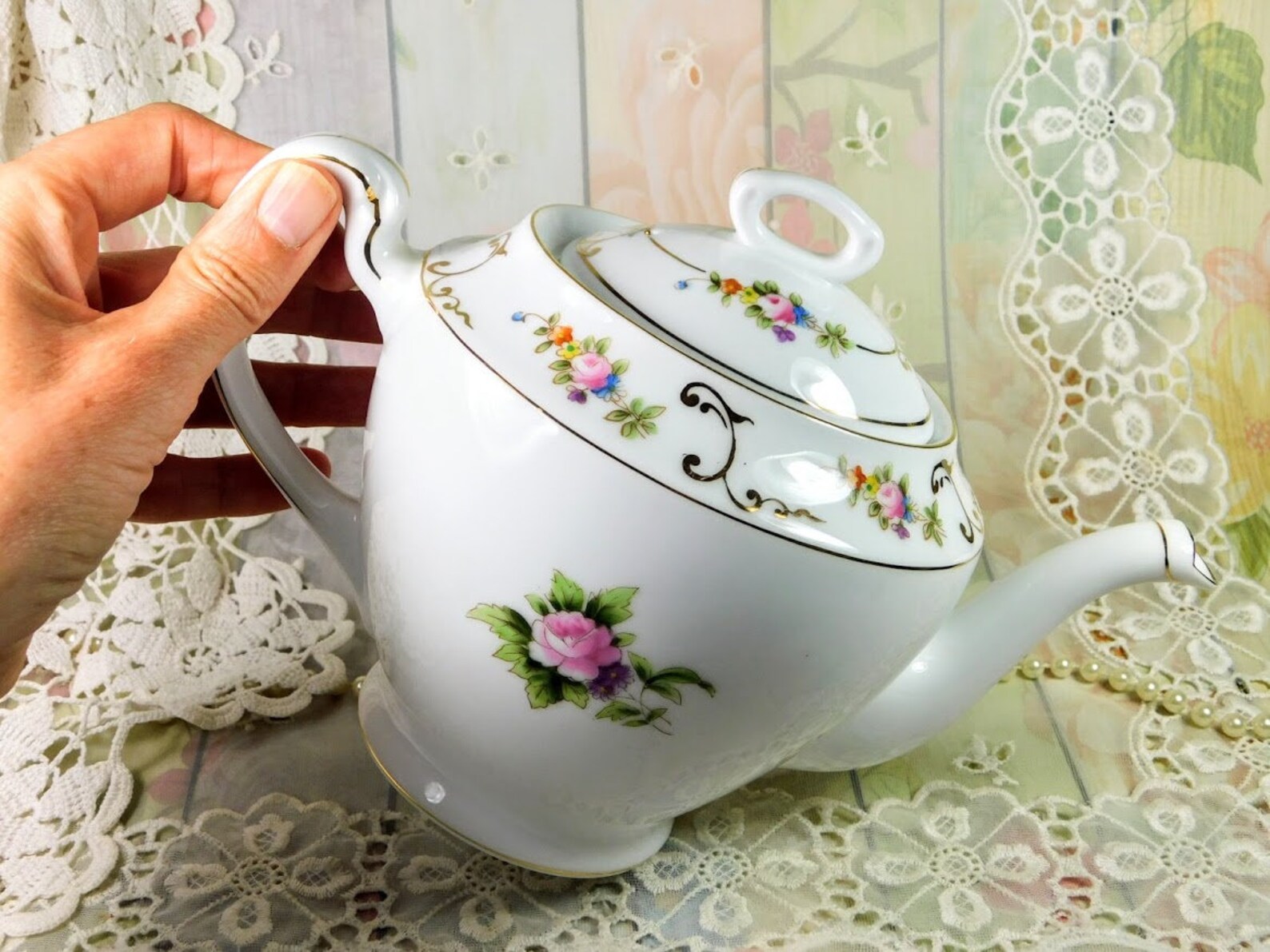 Noritake Teapot with Garden Flowers Design Vintage White Etsy