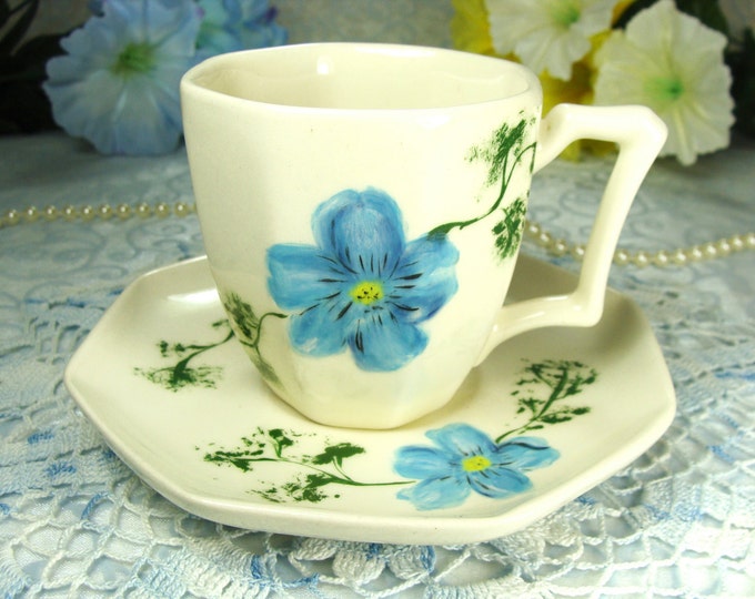 Ceramic Demitasse Cup & Saucer Set, Blue Flower Demitasse, Hand Painted Demitasse Duo, Vintage Demitasse, Small Teacup with Blue Flowers