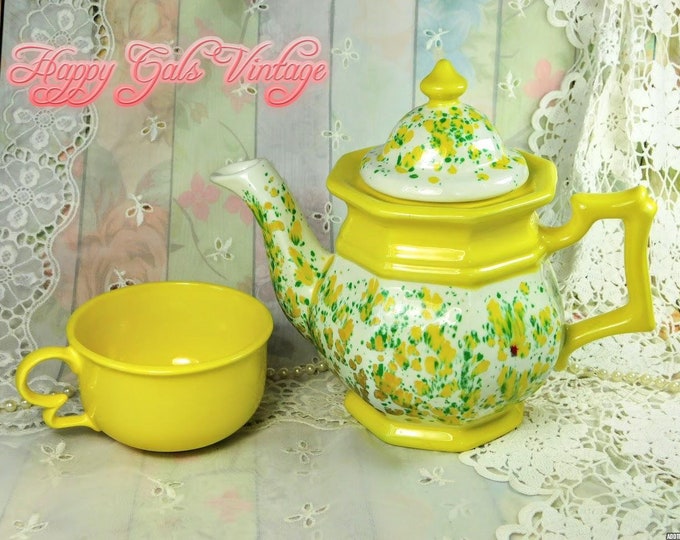 Yellow Teapot and Tea Cup in White & Yellow Ceramic,  Yellow, White and Green Ceramic Teapot and Matching Yellow Cup, Gift for Tea Drinker