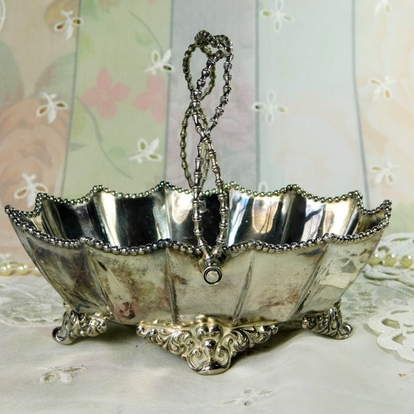 Vintage Silver Plated Basket With Handle and Ornate Fee, Silver Plated Metal Basket with Scalloped Rim and Fancy Handle, Pretty Metal Basket