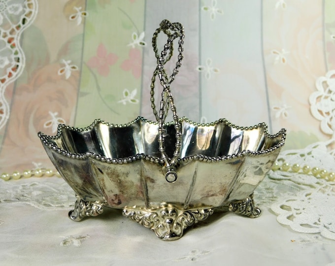 Vintage Silver Plated Basket With Handle and Ornate Fee, Silver Plated Metal Basket with Scalloped Rim and Fancy Handle, Pretty Metal Basket