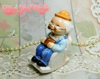 Grandpa in a Rocking Chair Figurine Salt Shaker, Cute Little Vintage Ceramic Grandfather Figurine Salt Shaker, Adorable Old Man Figurine