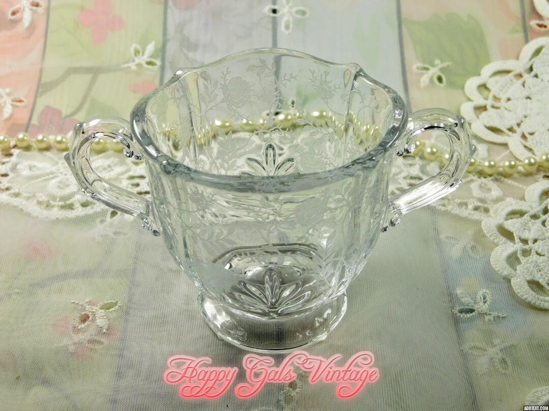 Small Glass Sugar Bowl With Etched Flowers, Little Clear Glass Sugar