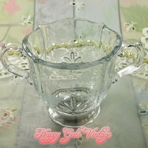 Small Glass Sugar Bowl with Etched Flowers, Little Clear Glass Sugar Bowl With Double Handles, Fancy Vintage Mini Glass  Floral Sugar Bowl
