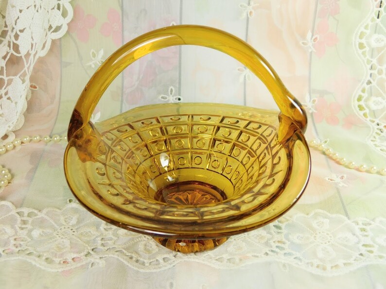 Vintage Glass Basket Amber Yellow Glass Basket Blown Glass Etsy