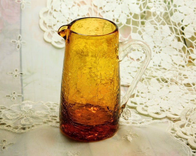 Small Crackle Glass Pitcher in Amber Yellow With Small Mouth, Little Vintage Blown Glass Creamer with Crackle Glass Finish in Deep Yellow