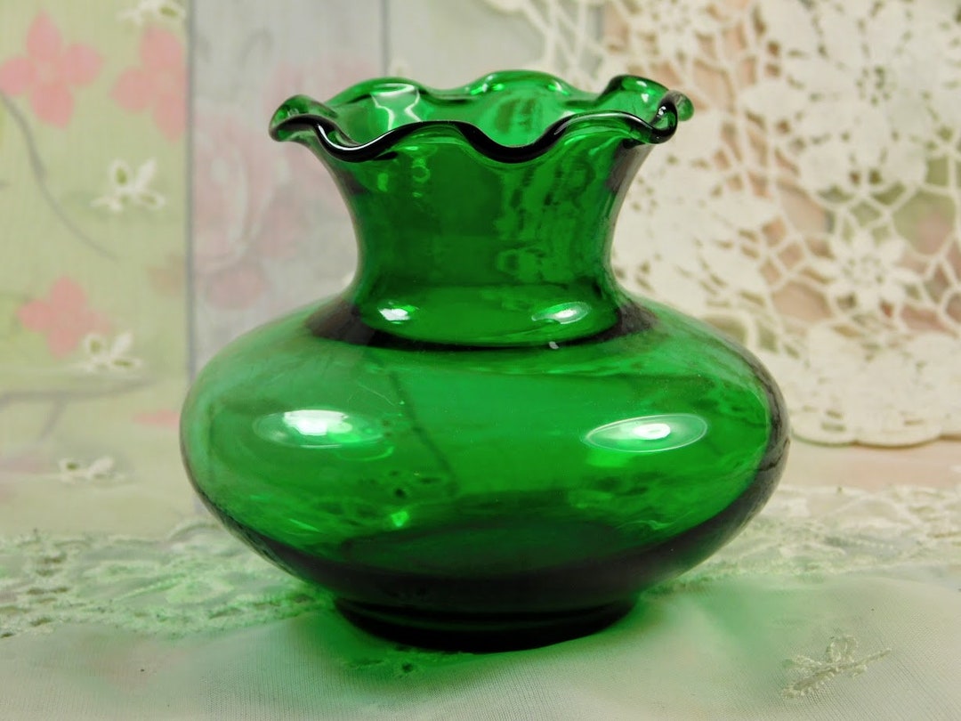 Small Green Vase Short Green Glass Vase With Fluted Rim Cute Etsy