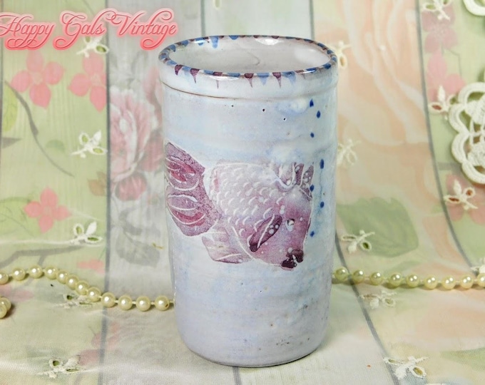 Ceramic Cup with Fish Prints, Hand Made Ceramic Cup in Gray with Pink Goldfish Designs, One of a Kind Glazed Ceramic Cup, Ceramic Art Cup