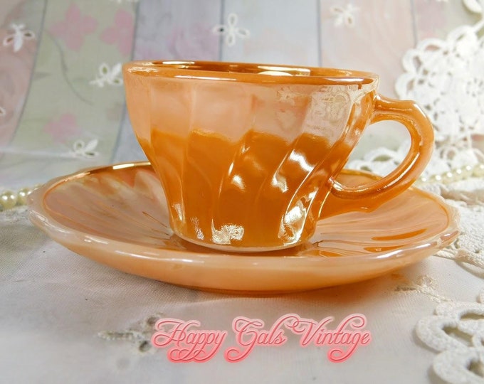 Orange Luster Ware Demitasse Cup and Saucer by Anchor Hocking USA, Vintage Fire King Luster Finish Small Glass Teacup and Saucer in Orange