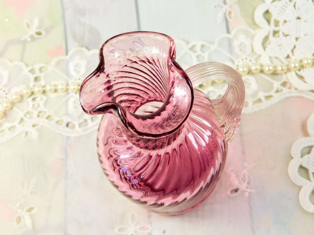 Pink Swirled Glass Pitcher, Small Pink Blown Glass Pitcher With Clear  Handle, Vintage Hand Made Fine Art Glass Creamer Pitcher Best Gift