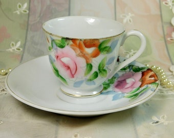 Hand Painted Demitasse Cup & Saucer with Pink Roses Design from Japan, White, Pink and Orange Vintage Porcelain Demitasse Cup and Saucer
