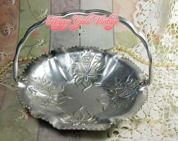 Vintage Aluminum Basket With Handle and Embossed Flowers Design, Pressed Silver Aluminum Metal Basket with Embossed Lilies Collectible Gift