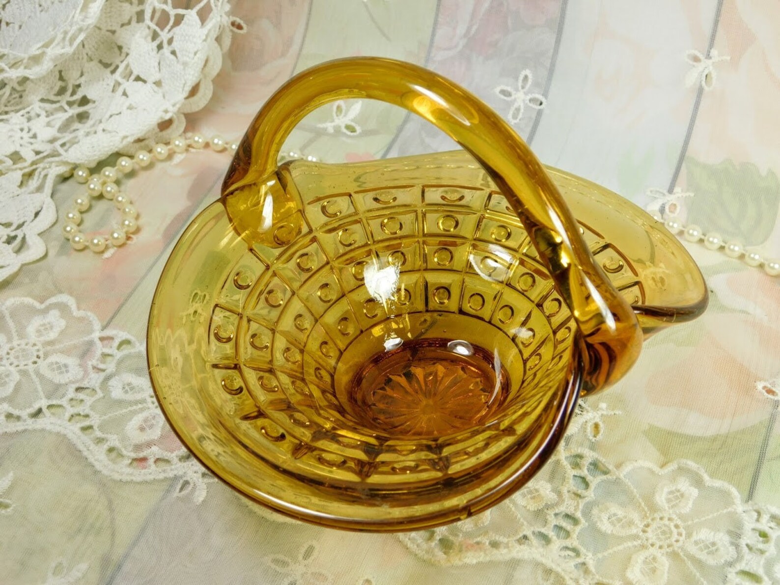 Vintage Glass Basket Amber Yellow Glass Basket Blown Glass Etsy