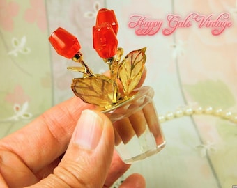 Mini Resin Crystal Tulips for Doll House, Miniature Potted Red Flowers with Golden Leaves, Tiny Red Tulips For Doll Display, Little Tulips