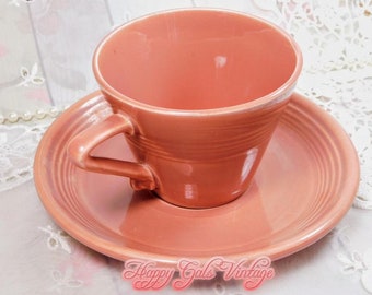 Pink Tea Cup and Saucer, Vintage Fiesta Ceramic Teacup and Matching Saucer, Dusty Rose Pink Retro Style Teacup and Saucer from the 1960's