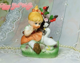 Little Girl With Goose Figurine, Vintage Ceramic Girl & Goose Figurine, Small Blond Girl With Pet Goose In Porcelain, Pretty Girl With Goose