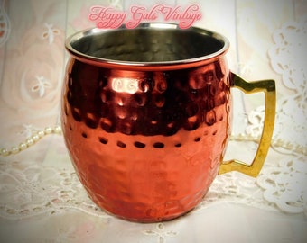 Copper Mug, Vintage Copper Colored Metal Mug From India, Large Dimpled Metal Mug With Dark Copper Finish, Big Shiny Metal Mug in Copper Gift