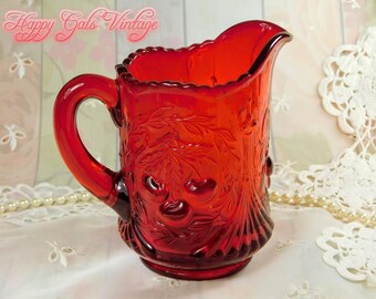 Red Glass Creamer Pitcher, Large Vintage Cherry Red Glass Creamer Pitcher with Raised Cherries Design, Bright Red Pressed Glass Pitcher Gift