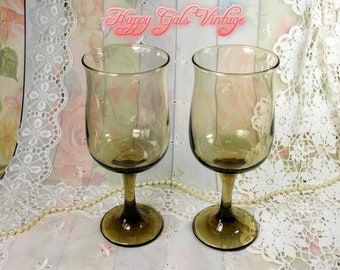 Smokey Brown Glass Wine Goblets Set of Two, Vintage Clear Brown Wine Glasses, Long Stemmed Wine Glasses in Warm Smokey Brown Hostess Gift