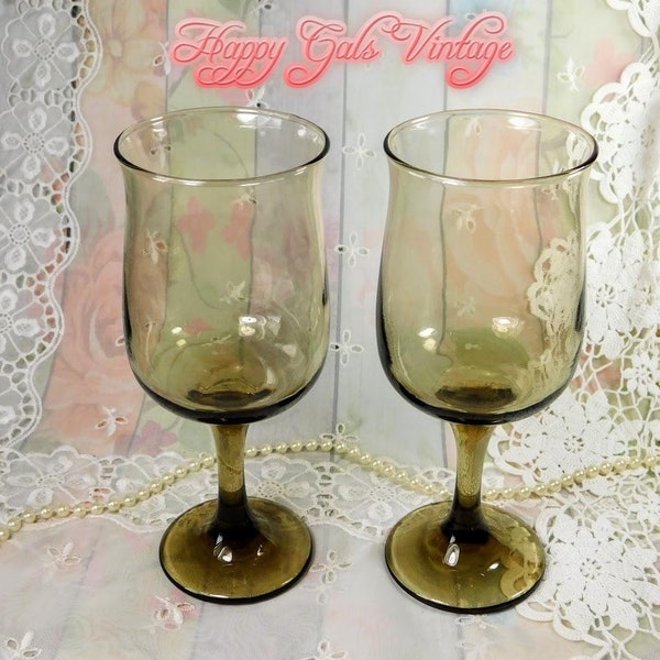 Smokey Brown Glass Wine Goblets Set of Two, Vintage Clear Brown Wine Glasses, Long Stemmed Wine Glasses in Warm Smokey Brown Hostess Gift