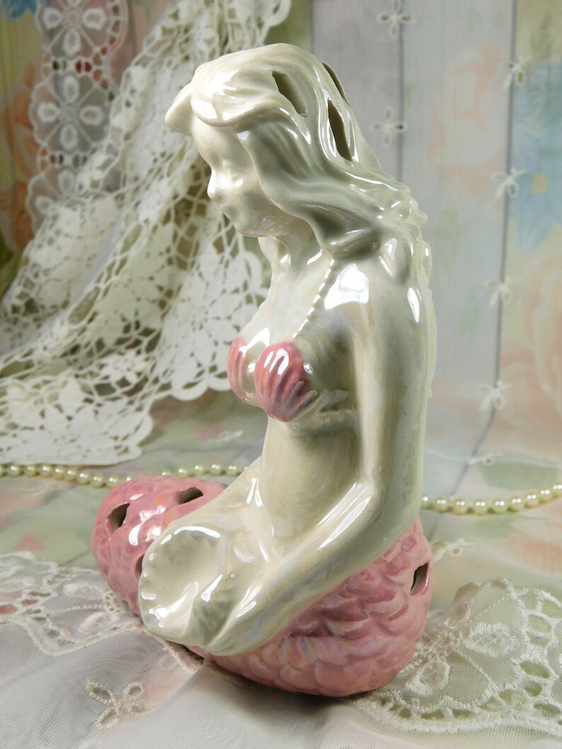 Ceramic Mermaid Figurine Gift Porcelain Mermaid Potpourri Holder Figurine Mermaid Potpourri Bags Holder Pink Lusterware Mermaid Figurine