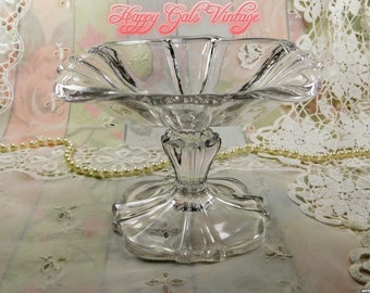 Fancy Clear Glass Dish With Stem and Foot, Vintage Small Square Clear Glass Bowl. Little Ornate Tea Party Serving Dish for Small Treats Gift