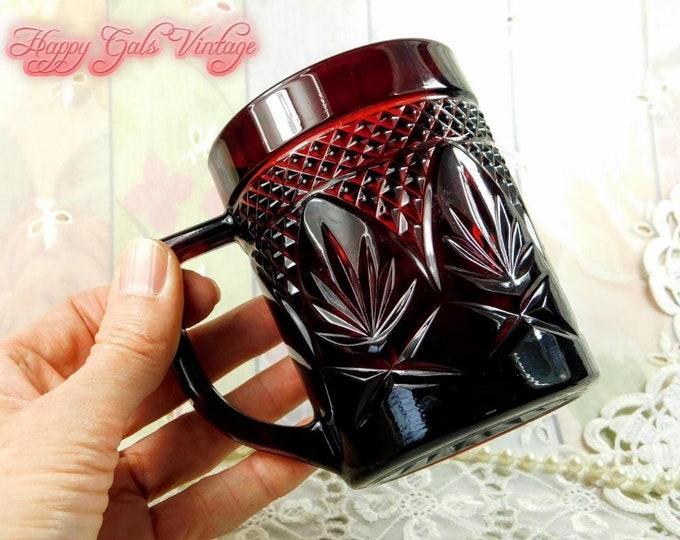 Ruby Red Glass Mug With Embossed Leaves Design, Fancy Deep Red Thick Glass Mug with Diamond Cut Design and Raised Leaves Pattern, Mug Gift