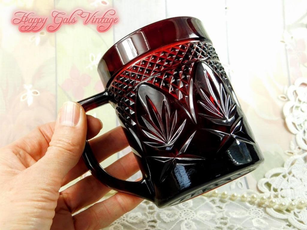 Ruby Red Glass Mug With Embossed Leaves Design, Fancy Deep Red