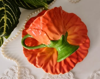 Orange Flower Teacup, Vintage Ceramic Orange Flower Teacup & Matching Saucer by Tela Flower, Pretty Orange Garden Teacup Gift for Tea Lover
