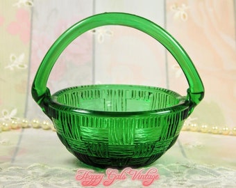 Green Basket, Little Green Glass Basket, Small Emerald Green Glass Basket,  Tiny Clear Green Glass Basket with Embossed Surface, Mini Basket