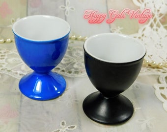 Sake Cups Set of Two in Blue and Black, Vintage Ceramic Japanese Sake Cups Set of 2 in Royal Blue and Black With White Interiors Cute Gift