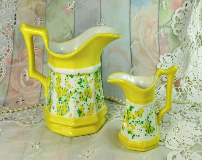 Yellow Creamers Set of Two, Regular and Small White & Yellow Ceramic Creamers,  Yellow, White and Green Ceramic Creamers Set of 2, Fun Gift